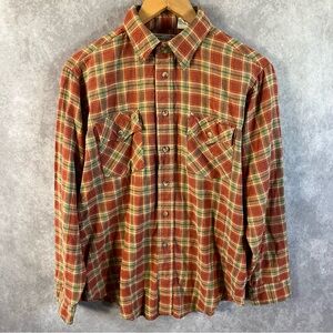 Vintage Roebucks Flannel Shirt Men Medium 15/15.5 Burnt Orange Plaid Perma-Prest